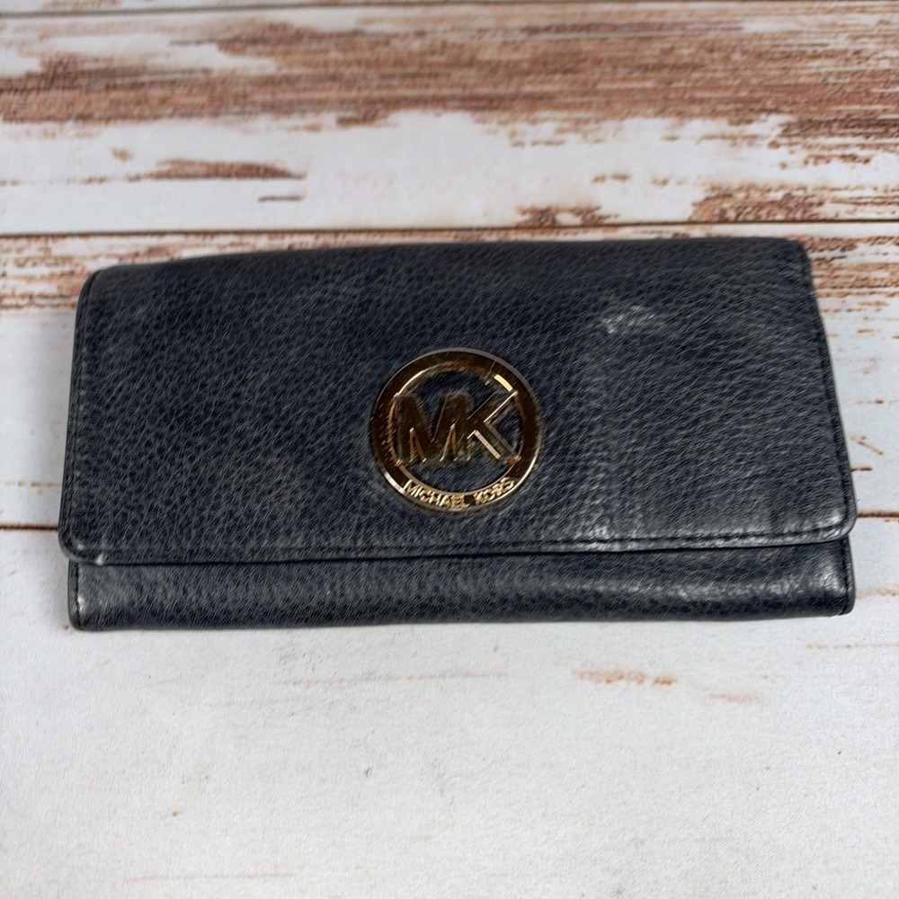 Michael Kors Fulton Black Leather Gold Monogram Continental Wallet Clutch